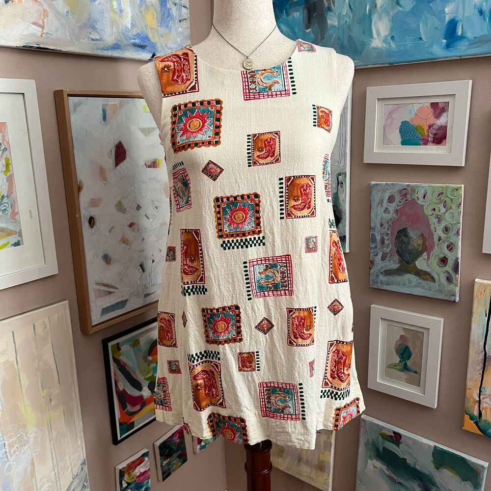 Paper Heart Cowgirl Mini Dress XS Summer Linen Blend Cowgirl Boots Horse Western